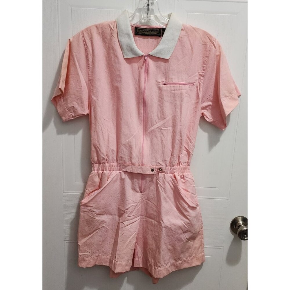 Vtg 70s California Gold‎ Women's S/S Collared Romper Playsuit Shorts Pink Sz S